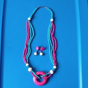 Pink and Blue Beaded Necklace Set